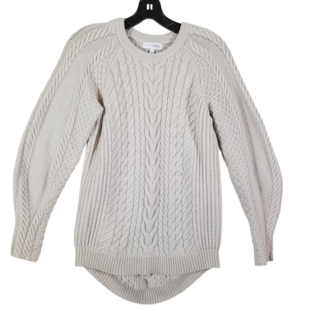 Intermix Wool Cashmere‎ Cable Knit Sweater Oatmeal Beige High Low Crew Neck S